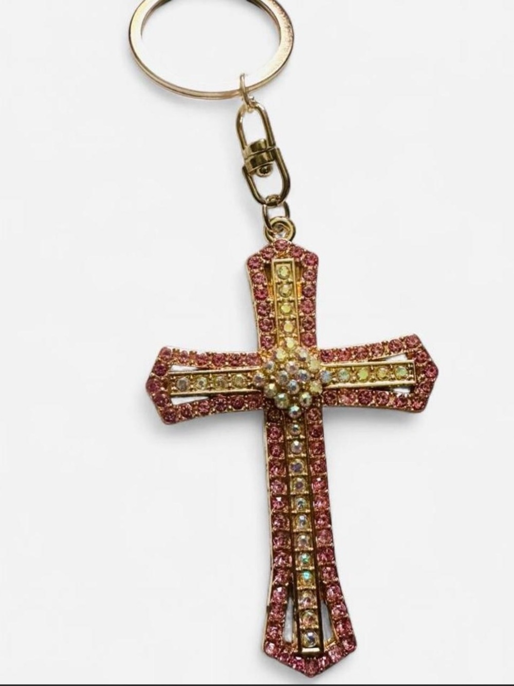 Rhinestone Cross Keychain - Pink & Gold